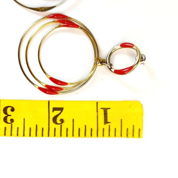 Vintage Gold-Tone Triple Hoop Earrings With Red Enamel Accents - Picture 5 of 5
